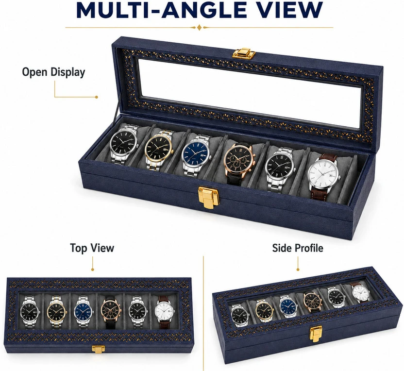 Collage showing open display, top view and side profile of the navy blue six-watch storage case