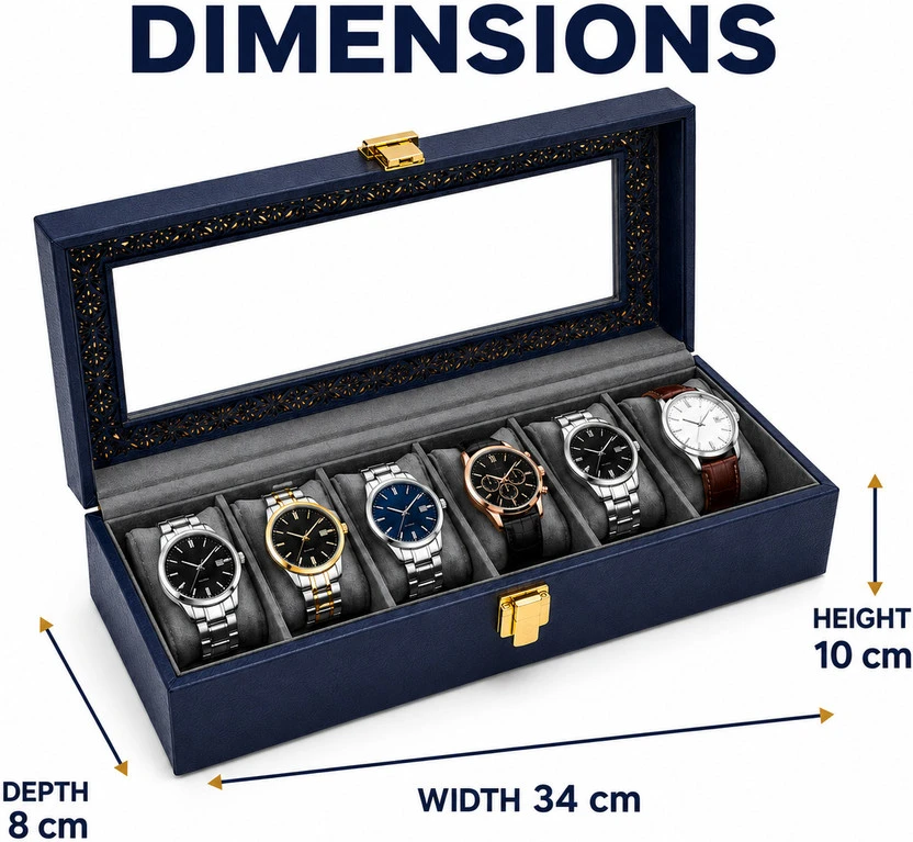 Open watch box with printed dimensions showing 34 cm width, 8 cm depth and 10 cm height