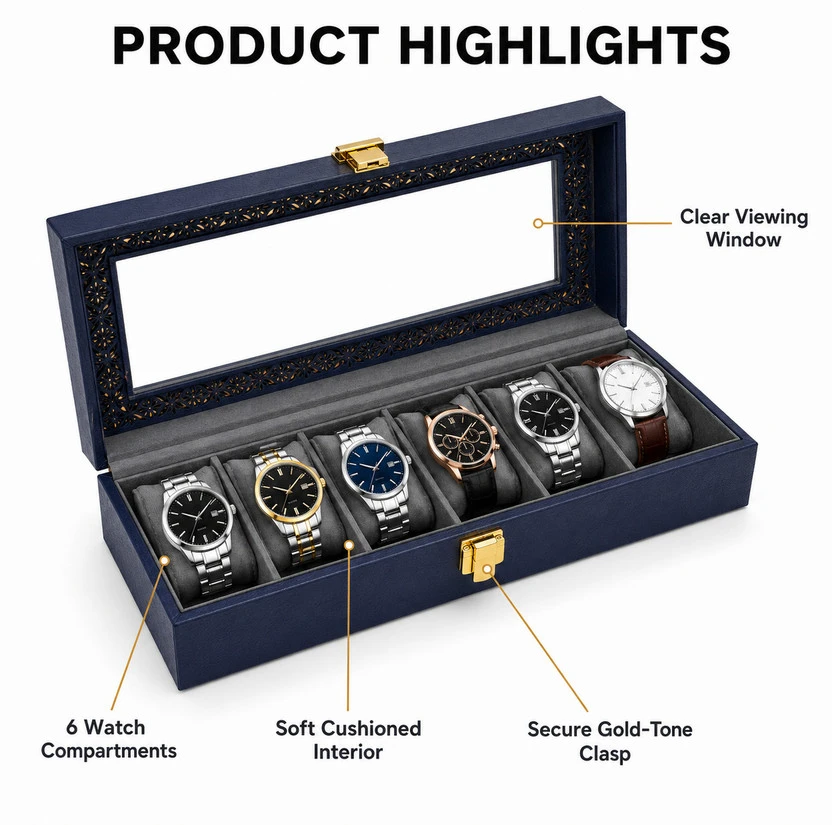 Feature graphic highlighting clear window, 6 watch compartments, cushioned interior and gold clasp