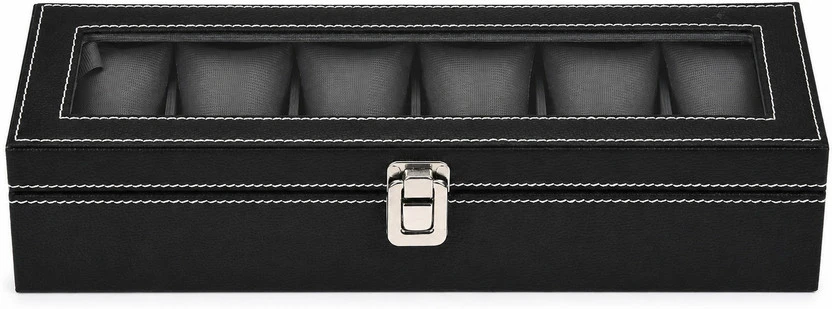Closed black 6-slot watch box with clear top window, white stitching, and silver front clasp