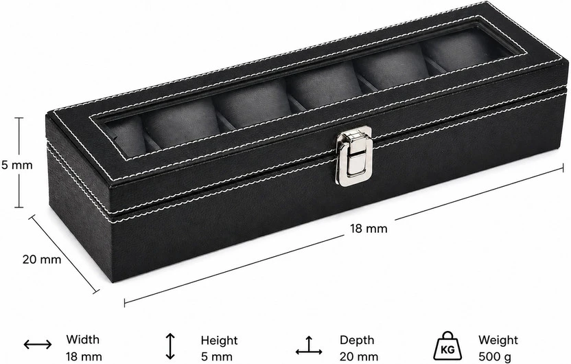 Angled view with printed size graphic showing black watch case and silver latch