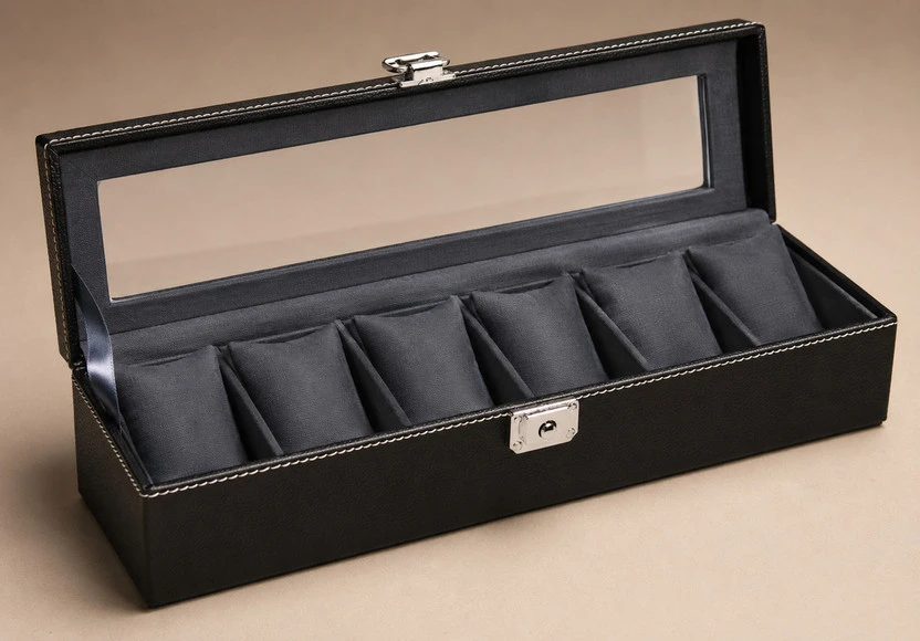Open organizer box showing six gray watch cushions and transparent lid interior