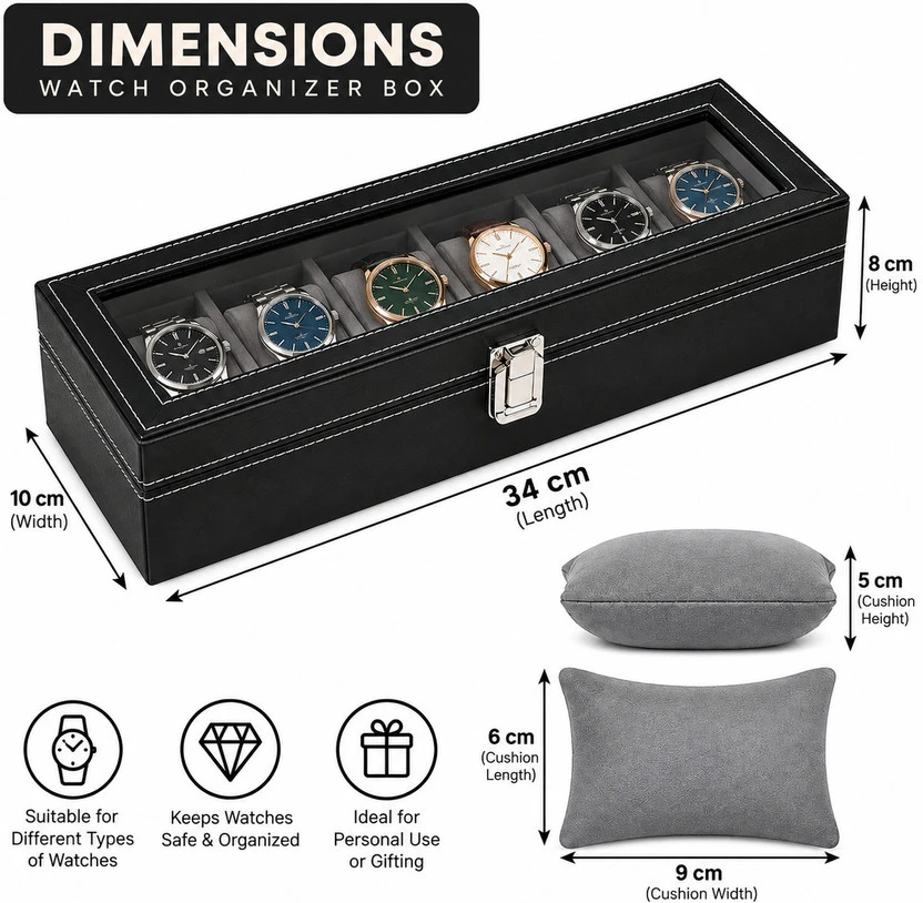 Dimension chart of the watch organizer filled with watches, showing box and cushion measurements