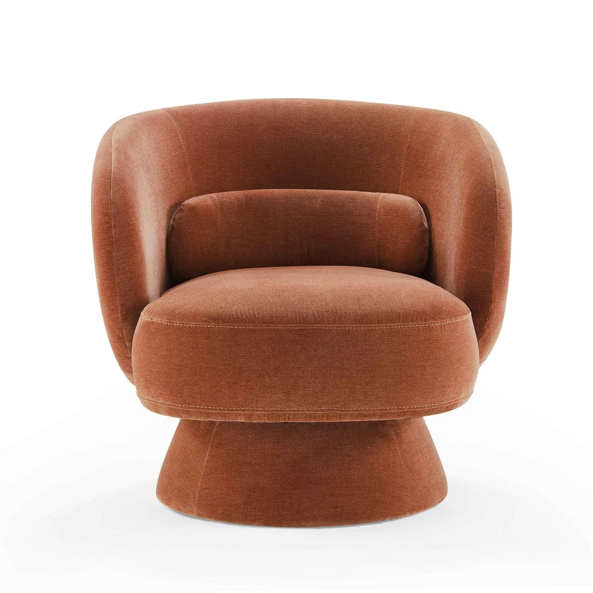 Front view of the pink Dodo swivel chair with curved barrel back and round base