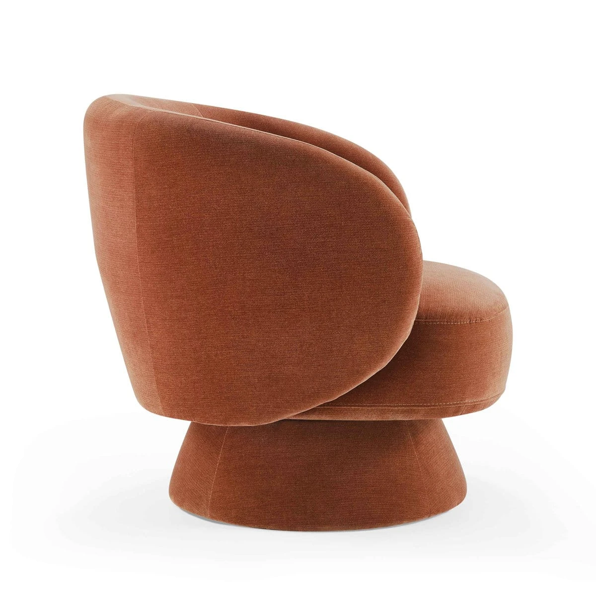 Side view of the pink Dodo swivel chair showing the rounded back and pedestal base