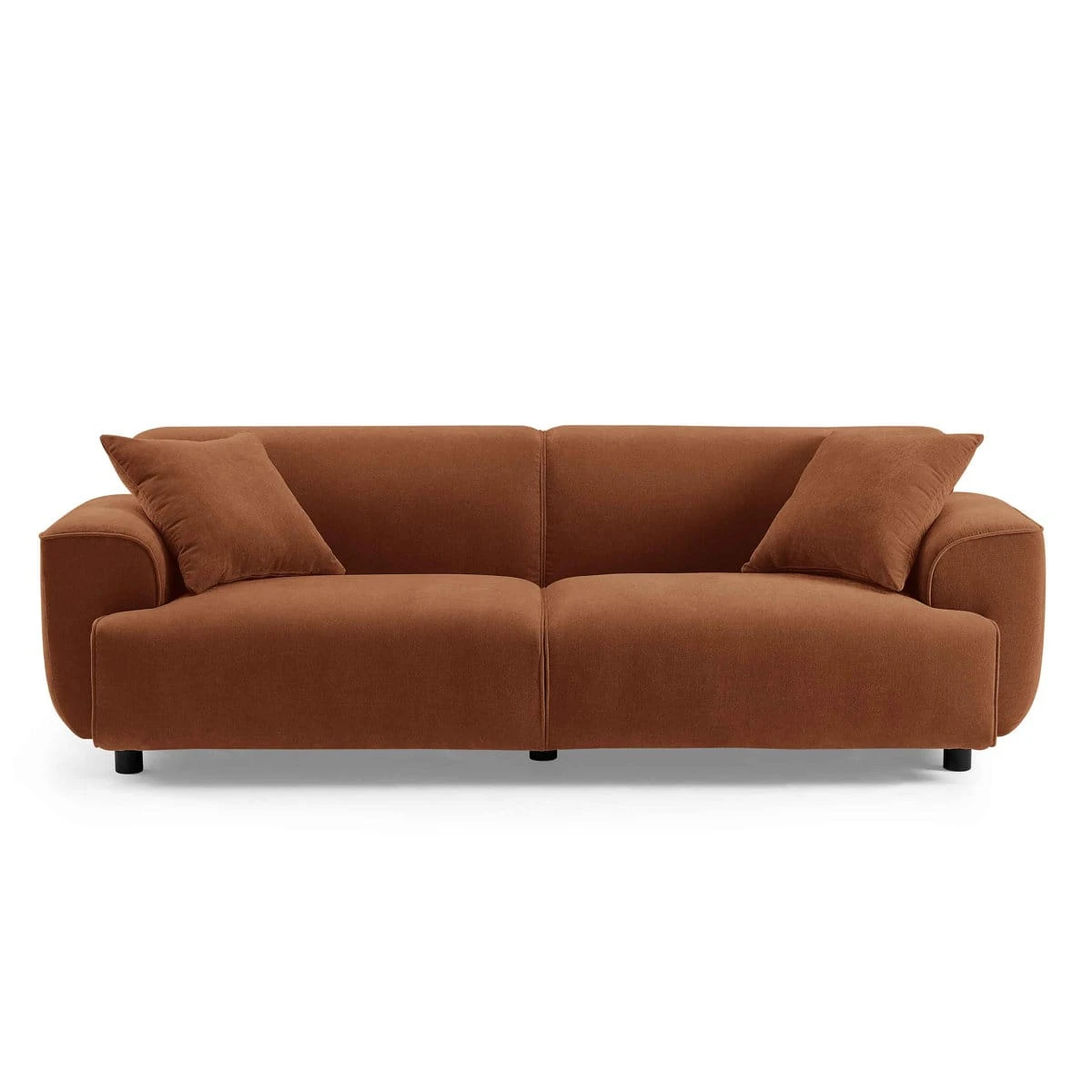 Front view of the pink 3 seater sofa with two pillows and low black legs