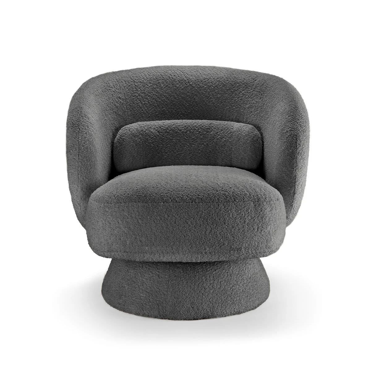 Front view of the grey Dodo swivel chair with curved barrel back and round base
