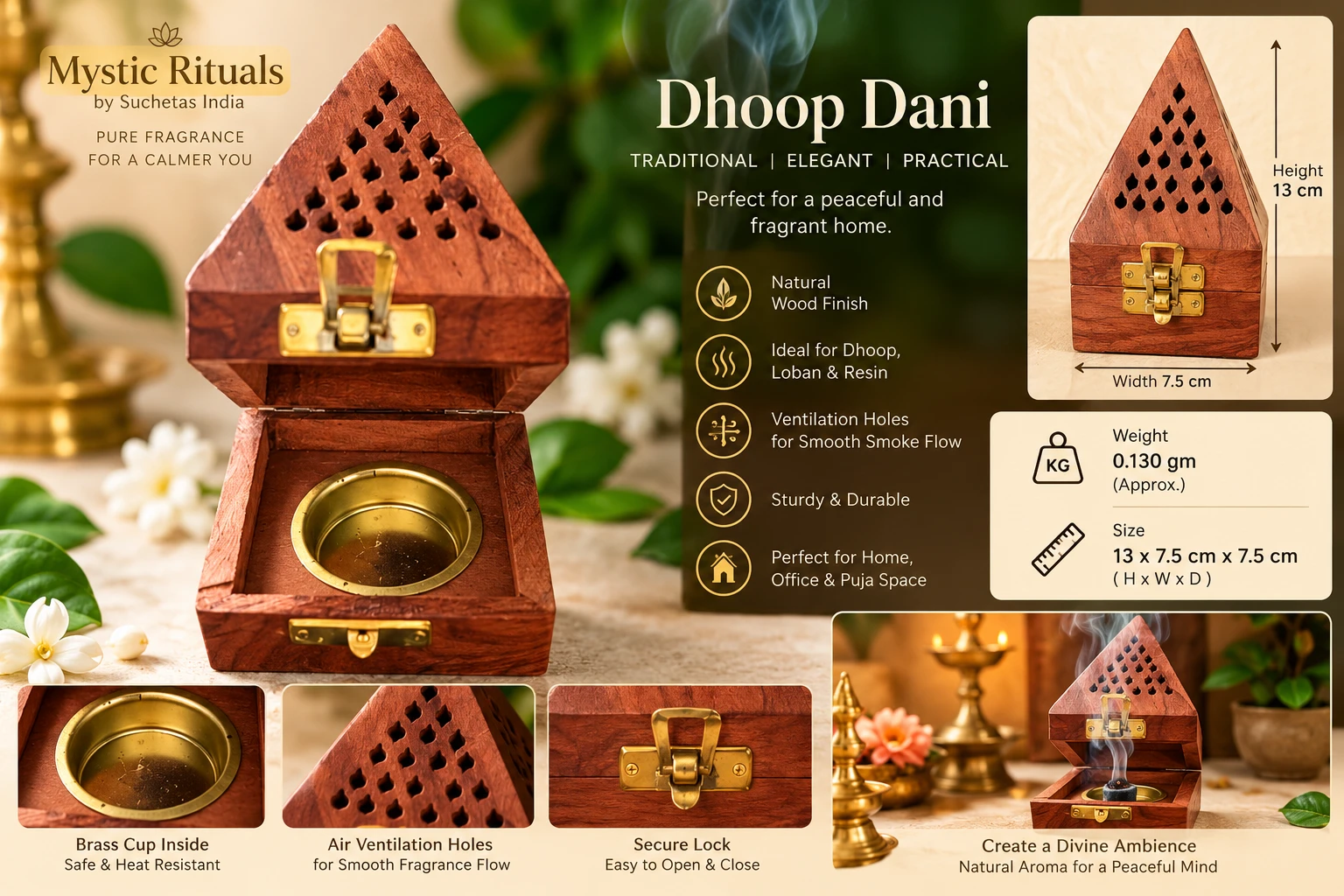 Open wooden dhoop dani infographic showing brass cup inside, vented pyramid lid, latch, dimensions and features