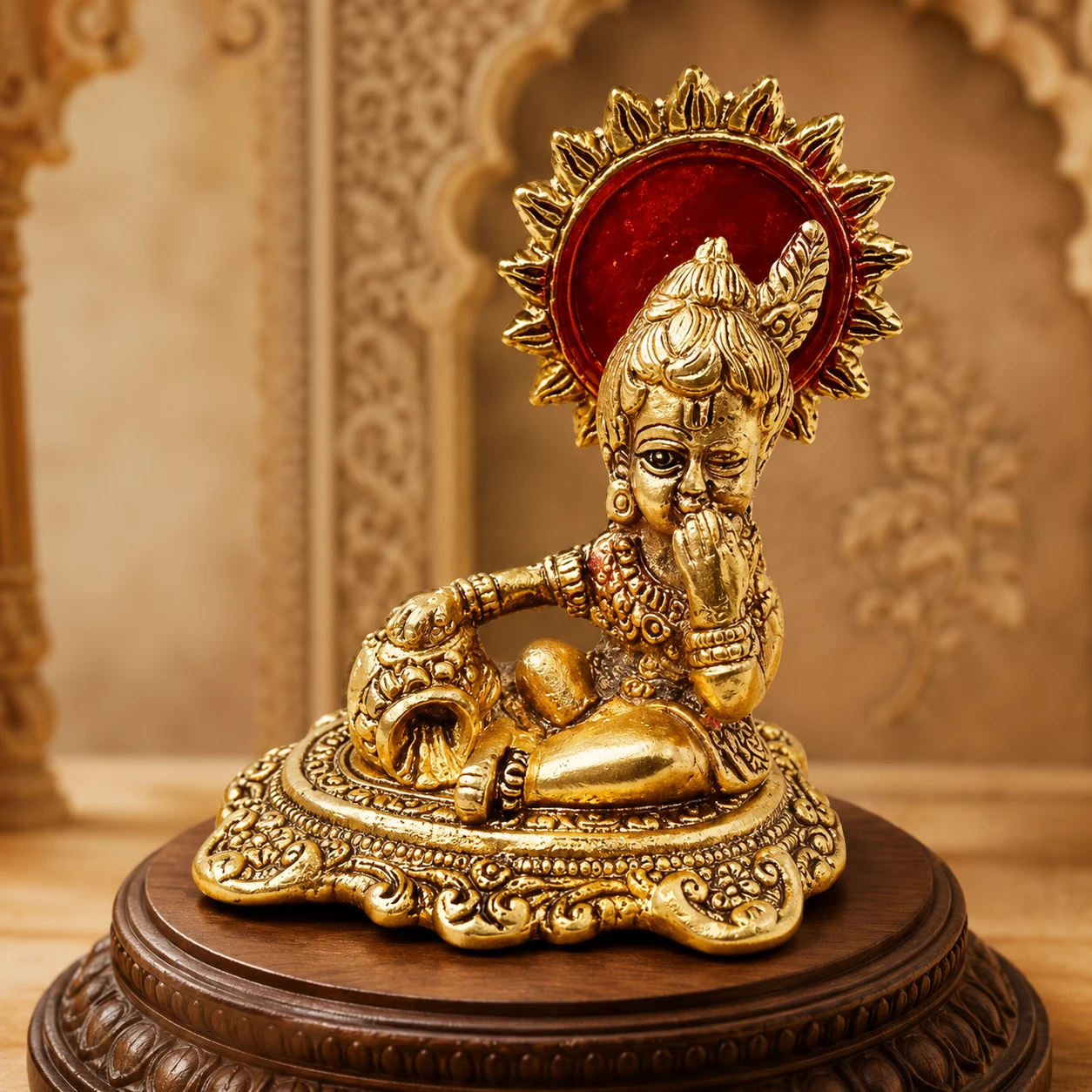 Centered front shot highlighting Krishna's hand pose, jewelry details, and butter pot
