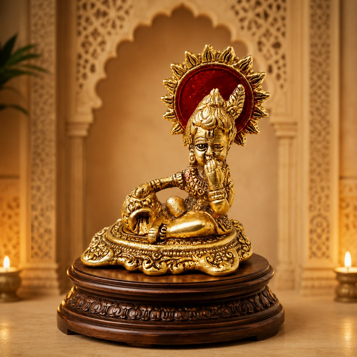 Full display view of the idol on a dark carved pedestal in a warm temple-style setting