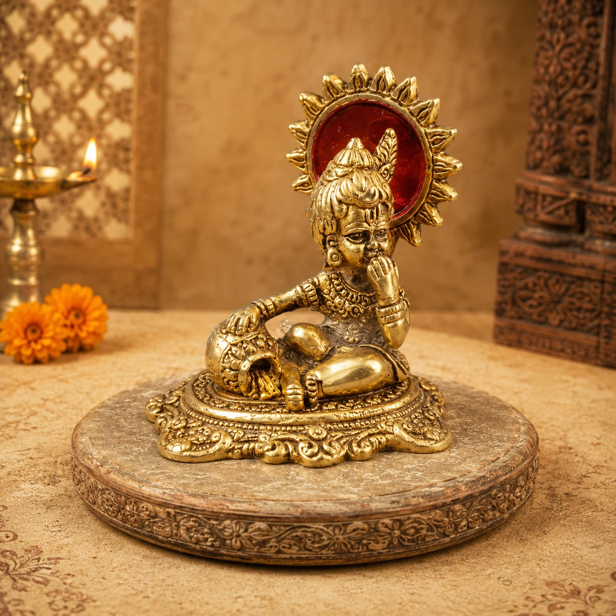 Angled front view showing the golden idol on a round platform with lamp and flowers nearby