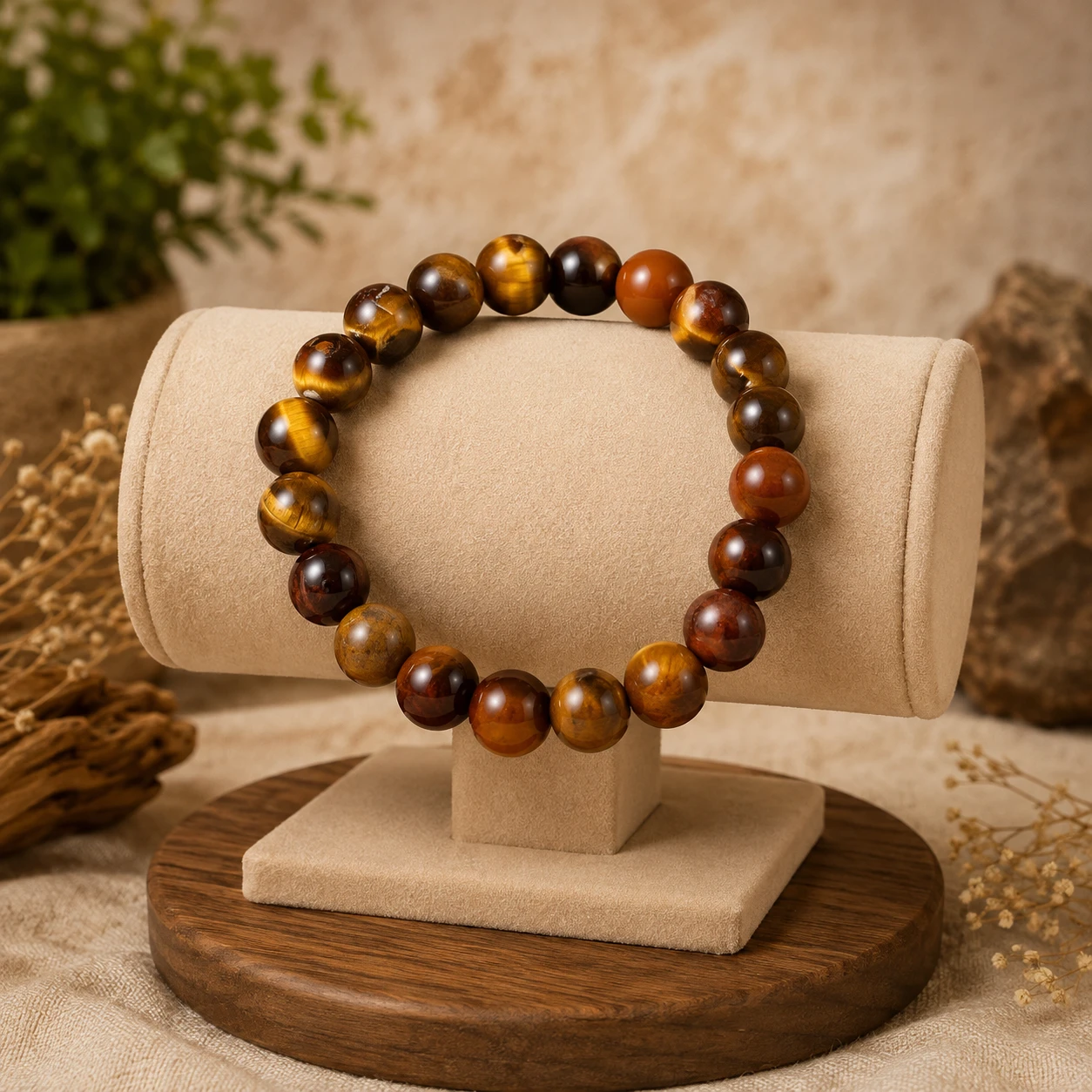Round brown and golden stone bead bracelet displayed on a beige suede-style jewelry stand