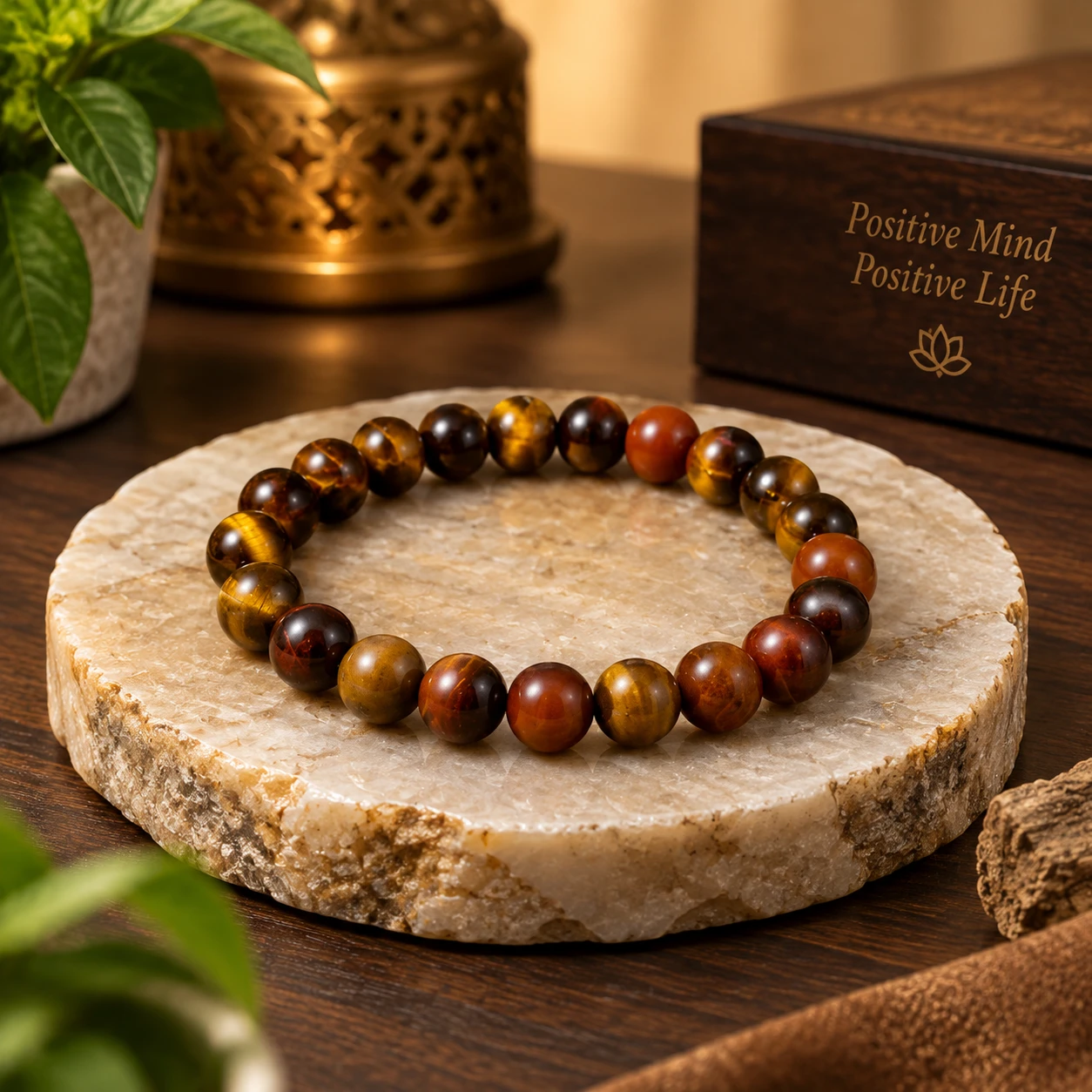 Tiger eye and reddish stone bead bracelet arranged on a rough ivory crystal slab beside a gift box