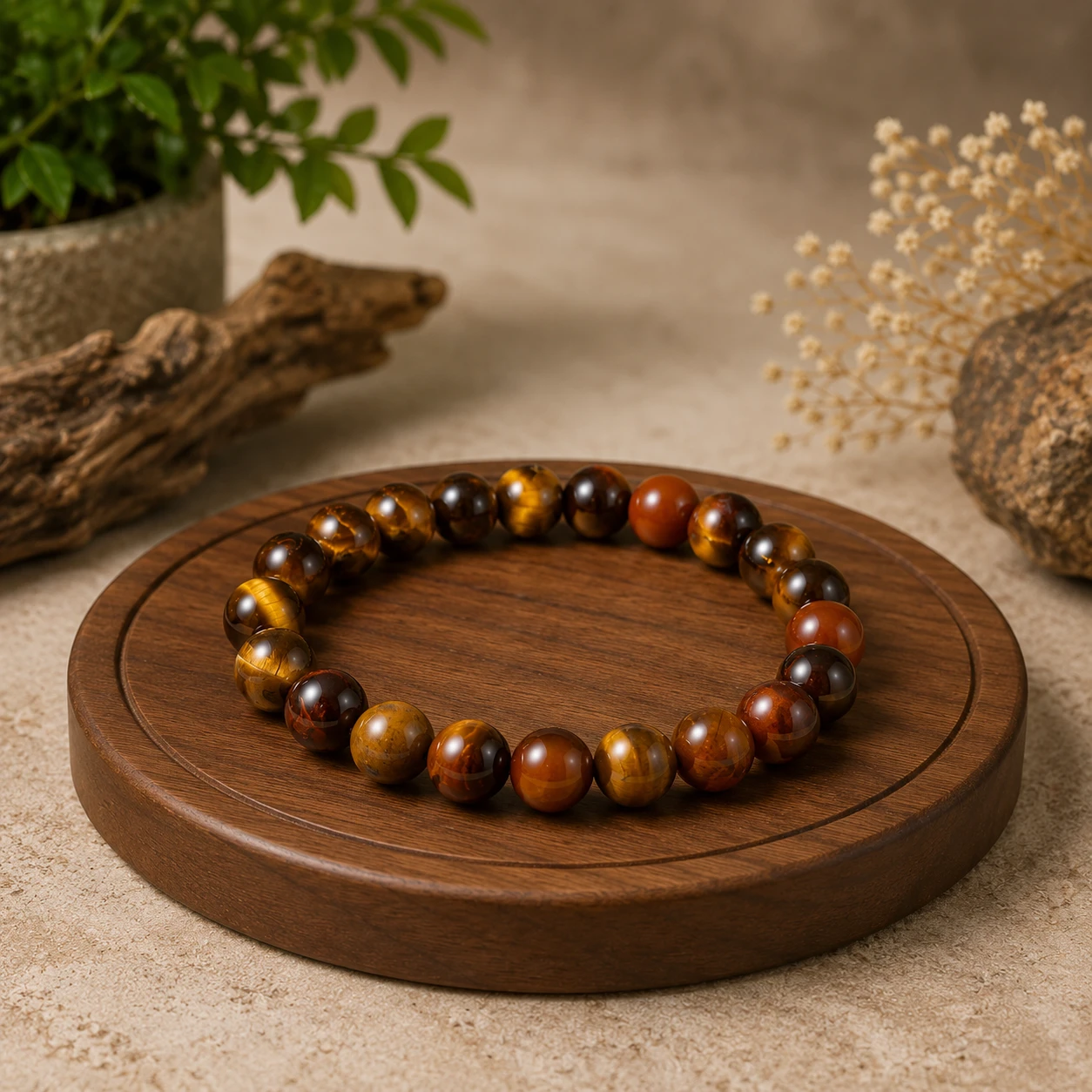 Mixed brown, gold and rust bead bracelet laid flat on a round wooden tray