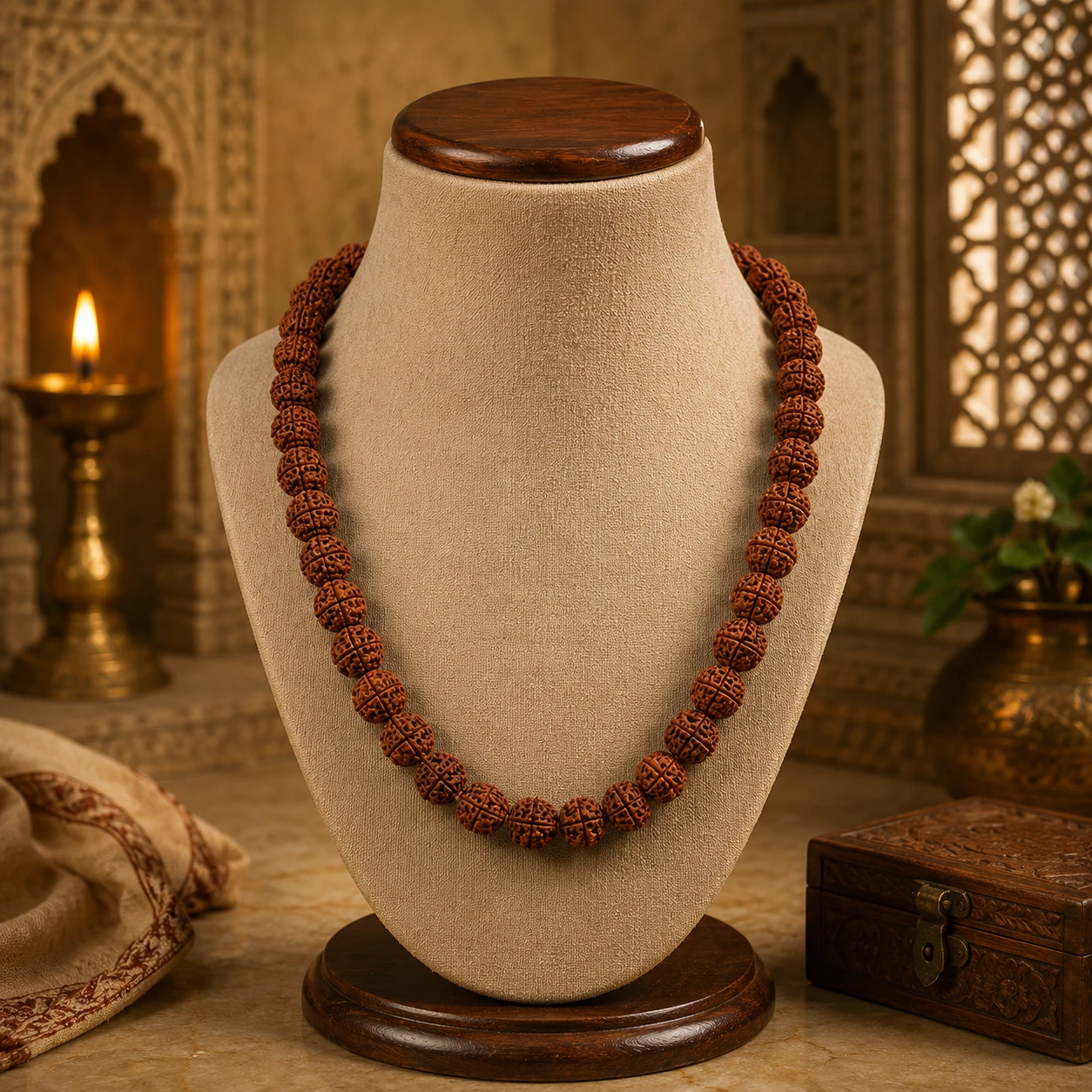 Front view of the rudraksha necklace displayed on a beige bust stand with evenly spaced carved beads
