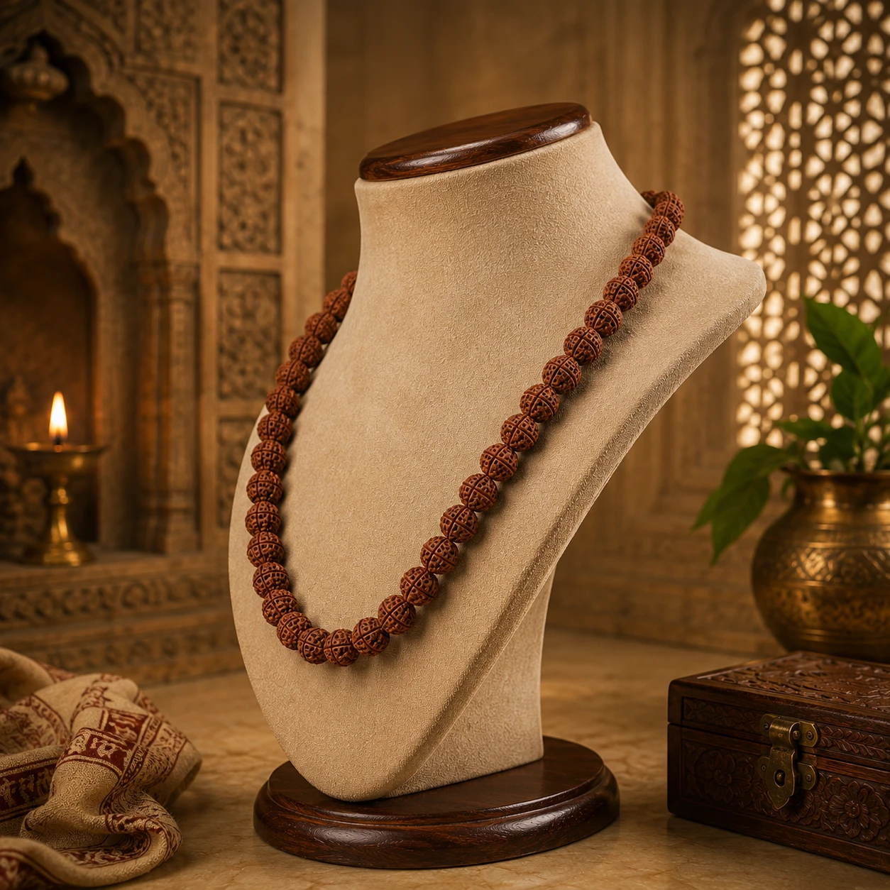 Angled side view of the rudraksha mala on a display bust showing the bead texture and drape