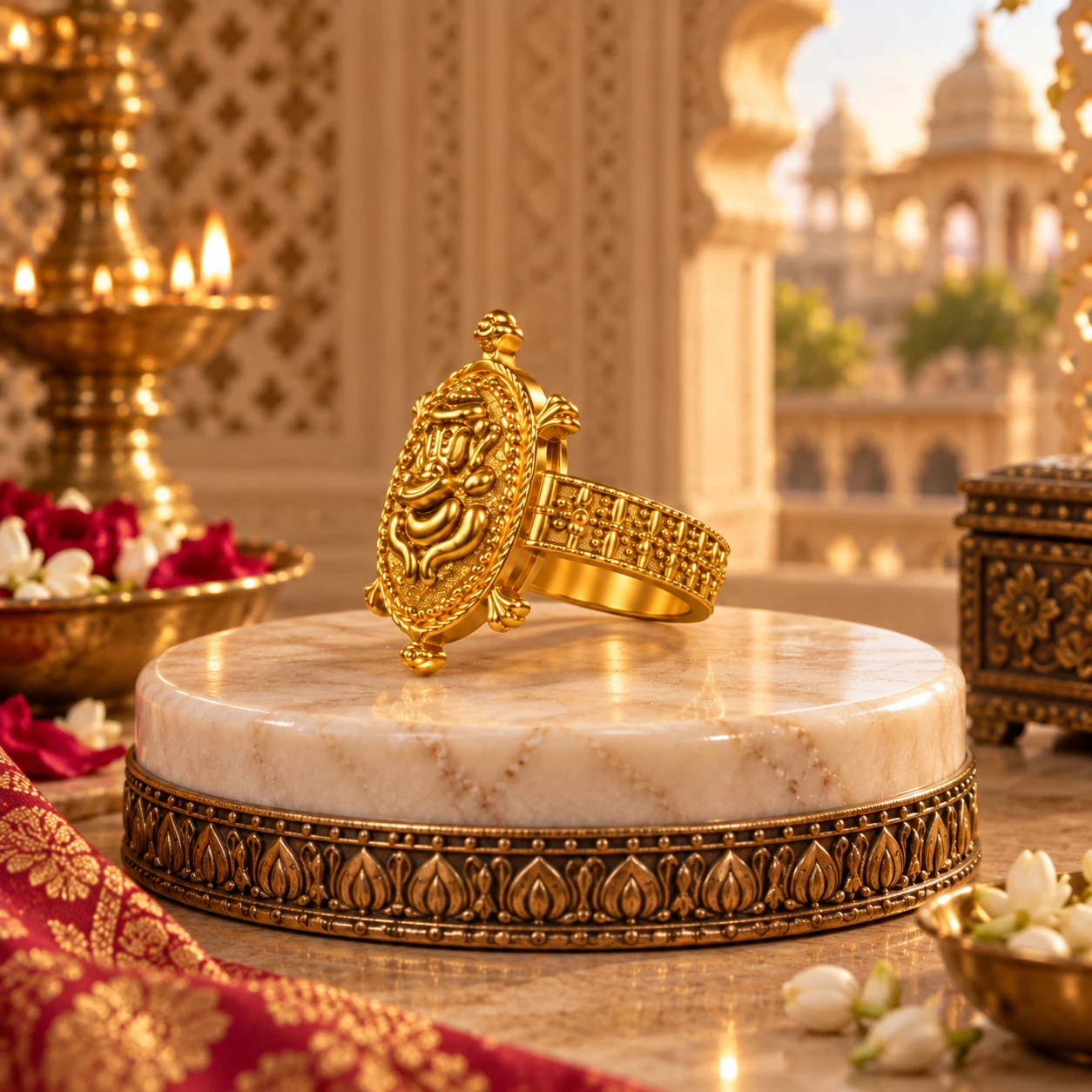 Angled side view of a gold-tone ring with raised Ganesha oval face and detailed engraved band