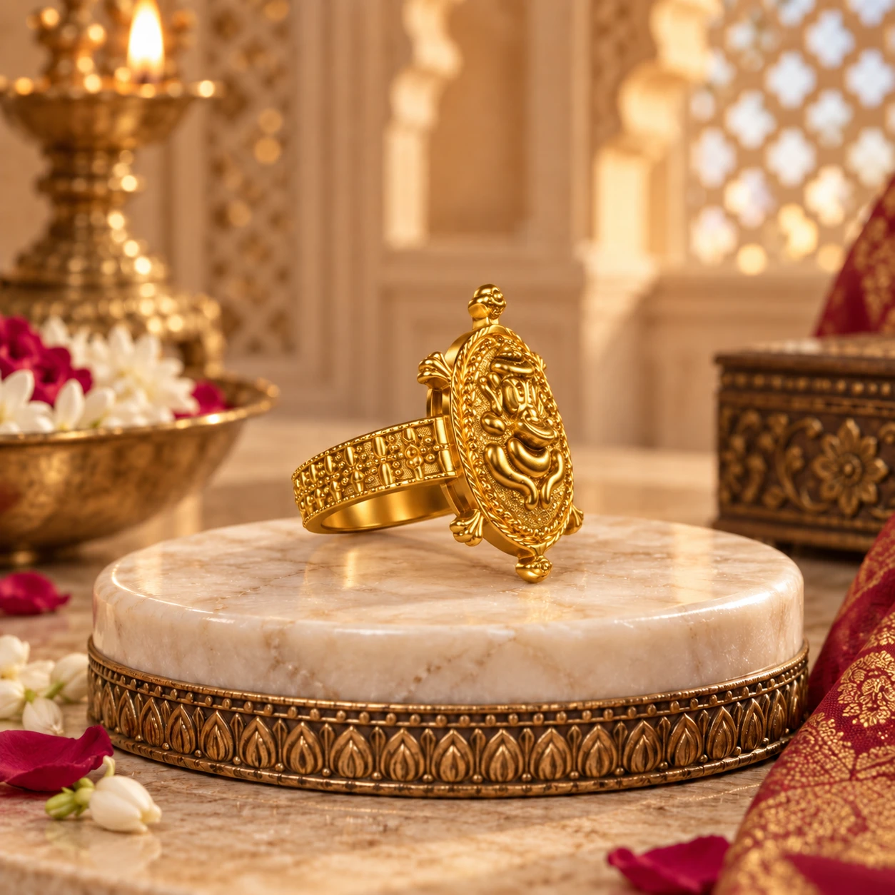 Three-quarter view highlighting the ornate oval Ganesha centerpiece and textured adjustable band