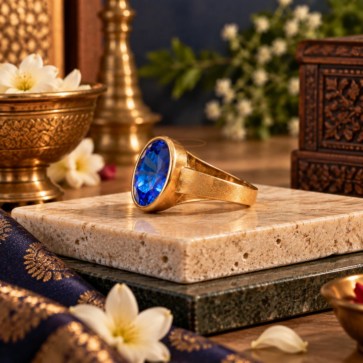 Angled side view of a gold-tone ring with a large oval faceted blue stone on a marble slab