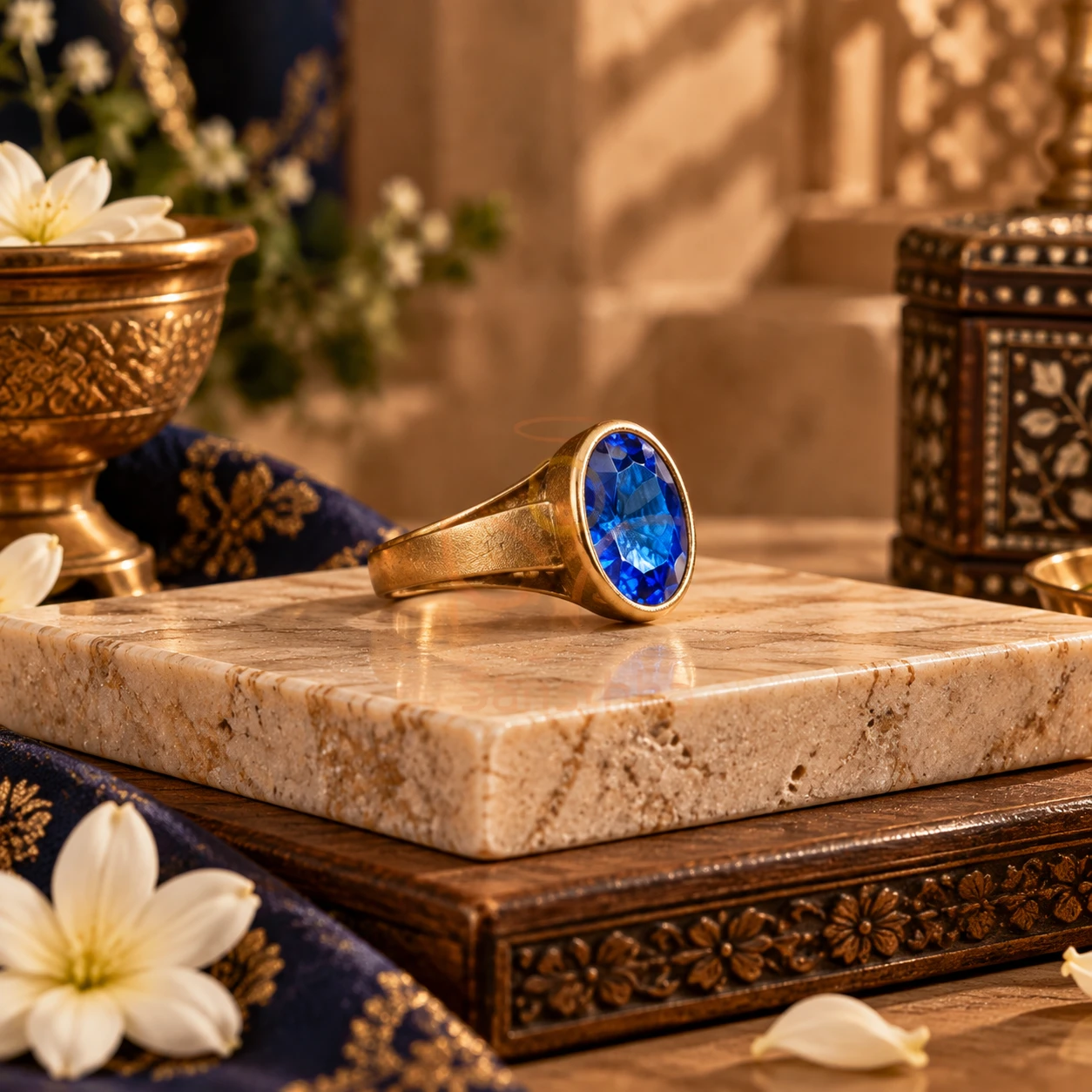 Three-quarter profile showing the tapered gold-tone shank and raised blue oval stone setting