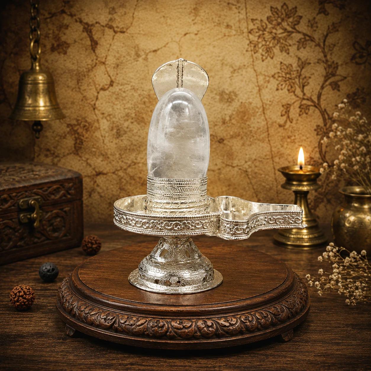 Front view of crystal Shivling on ornate silver-toned pedestal with decorative yoni base