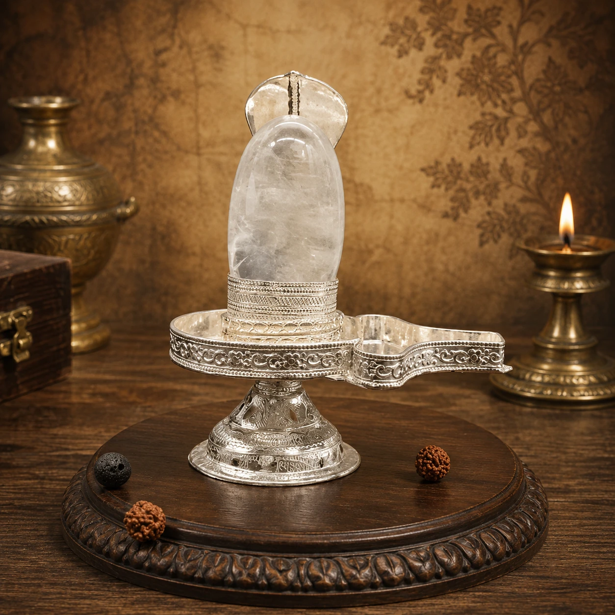 Angled close view of clear Shivling and detailed embossed silver-toned base on wooden platform