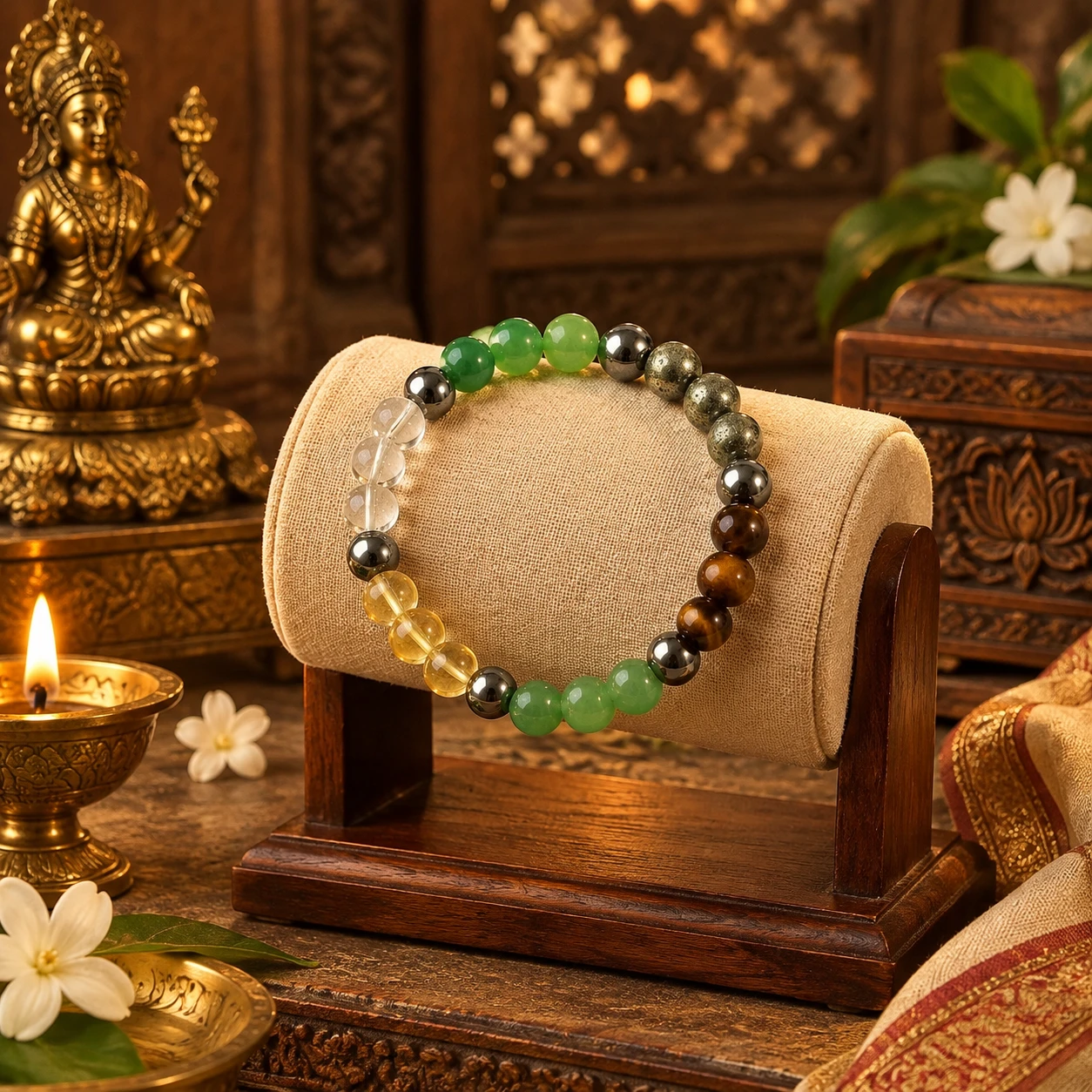 Bracelet shown on a padded wooden jewelry stand, highlighting alternating metallic and stone-look beads