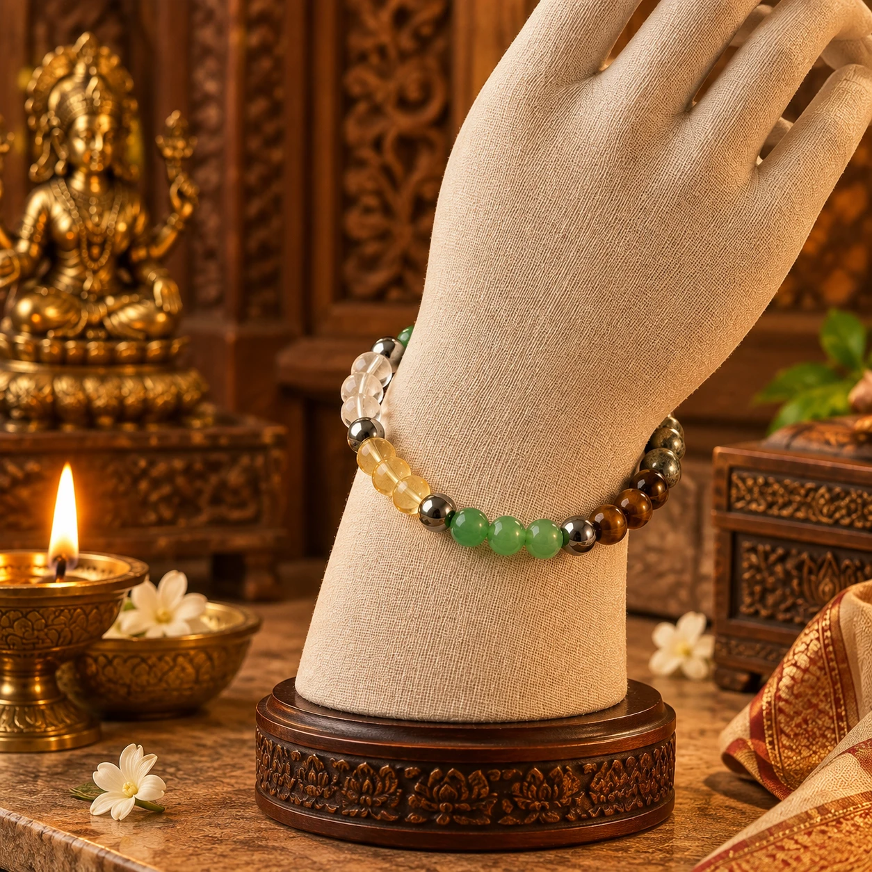 Bracelet shown on a hand display, highlighting the stacked round beads and stretch-fit wrist design