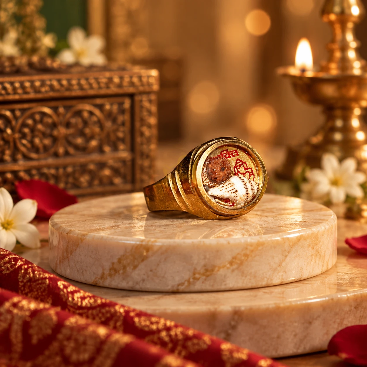 Gold-tone spiritual ring on a round marble pedestal with sacred inserts under a clear round top