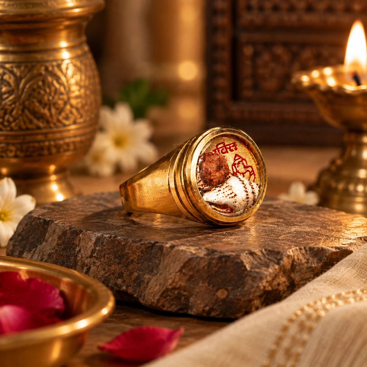 Ring displayed on a dark stone slab, highlighting the textured gold-tone band and devotional top