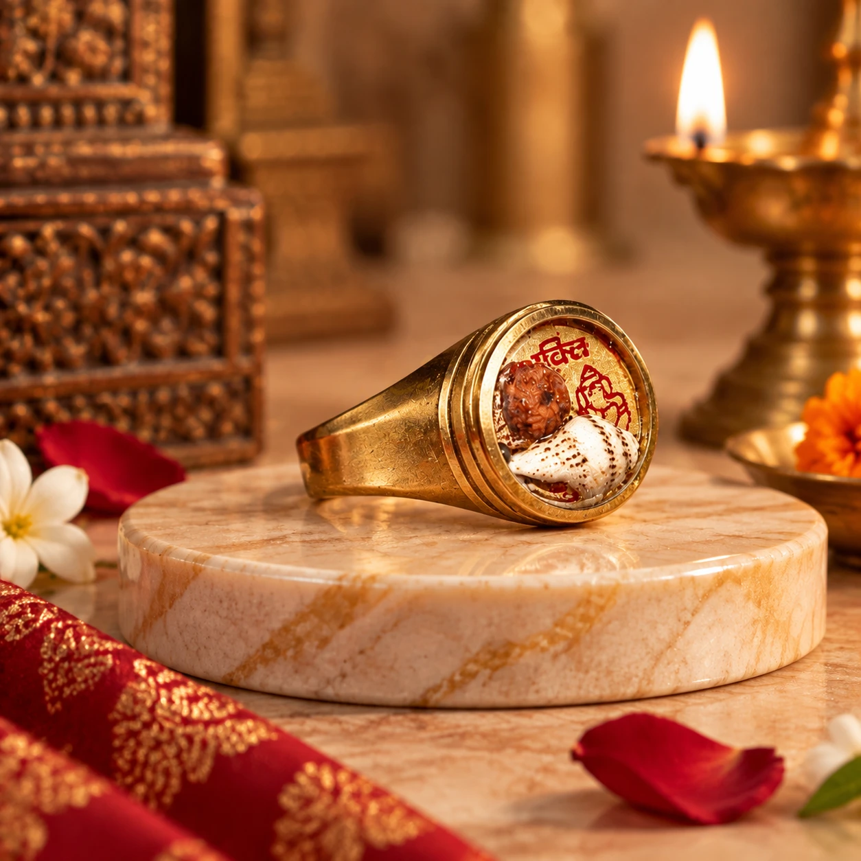 Closer front-side view of the oversized ring face with red script, rudraksha bead and white shell