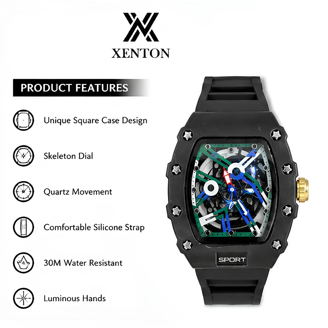 Xenton black sport analog watch showing features and skeleton dial