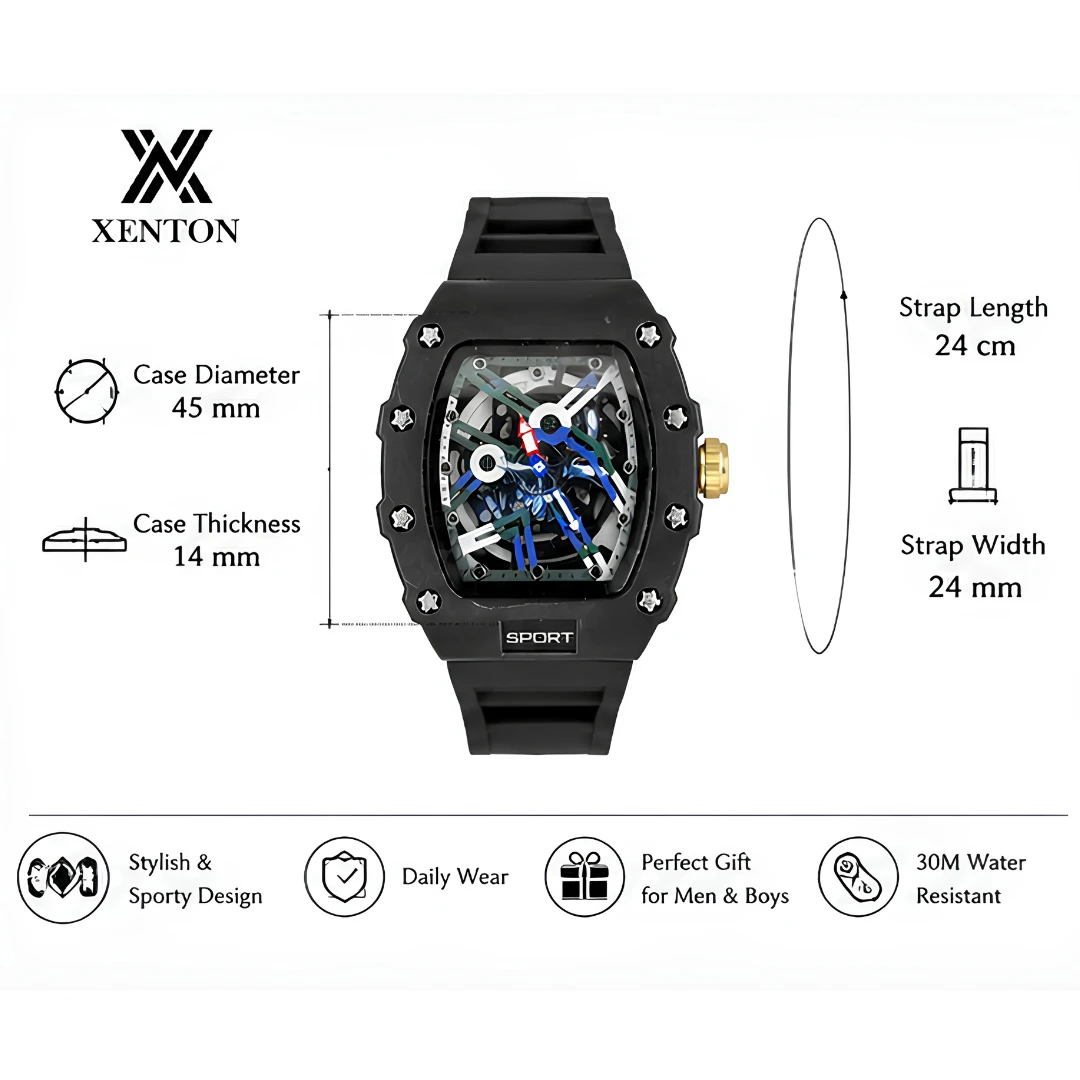 Xenton watch size chart with 45 mm case and black strap dimensions