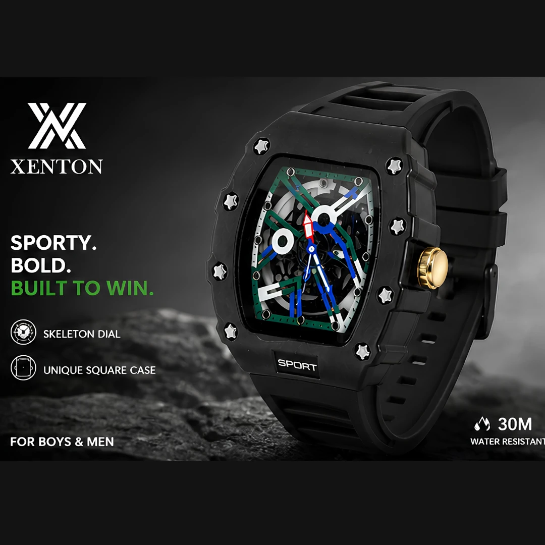Xenton black sport watch front view with silicone strap