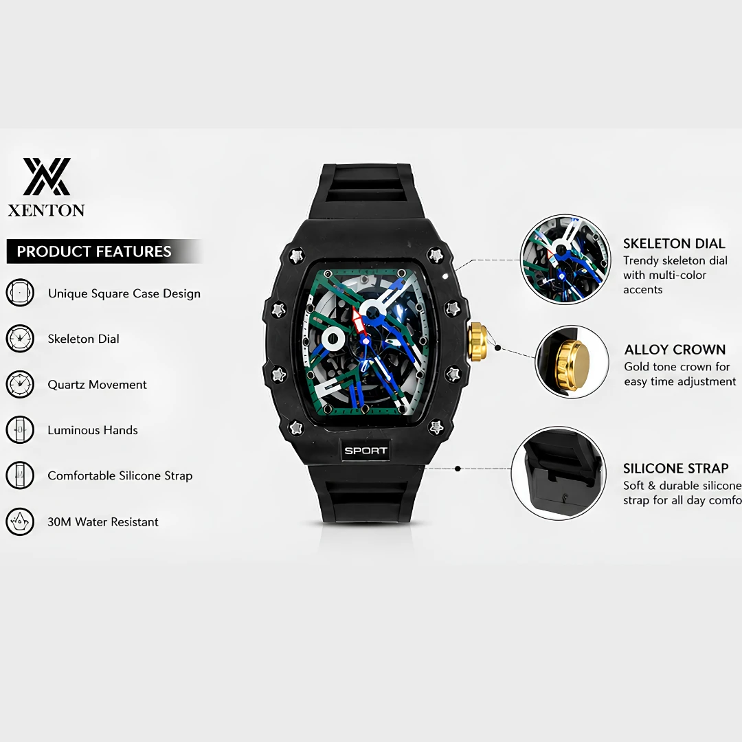 Xenton black watch angled view with gold crown and skeleton dial