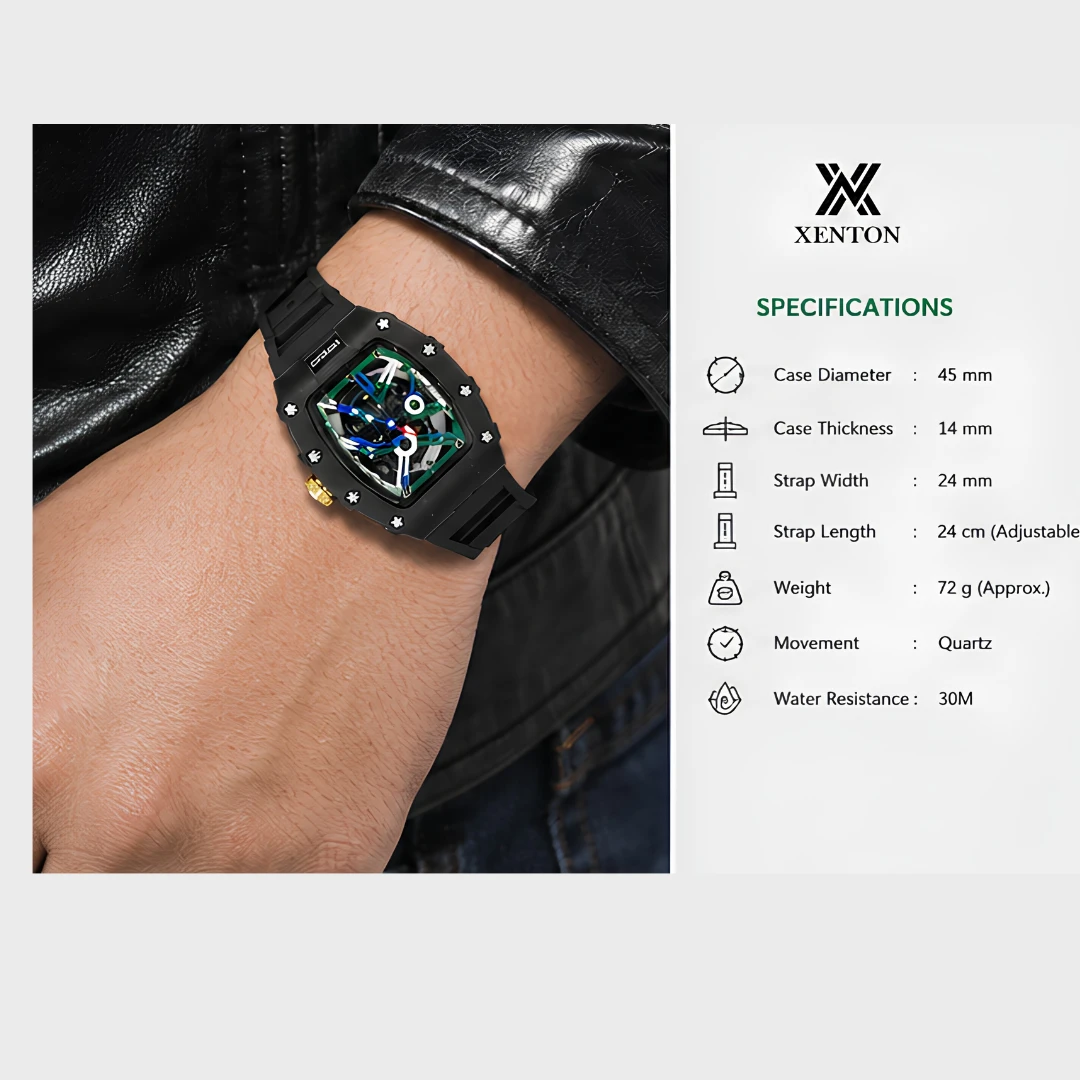 Xenton black silicone strap and square case side view