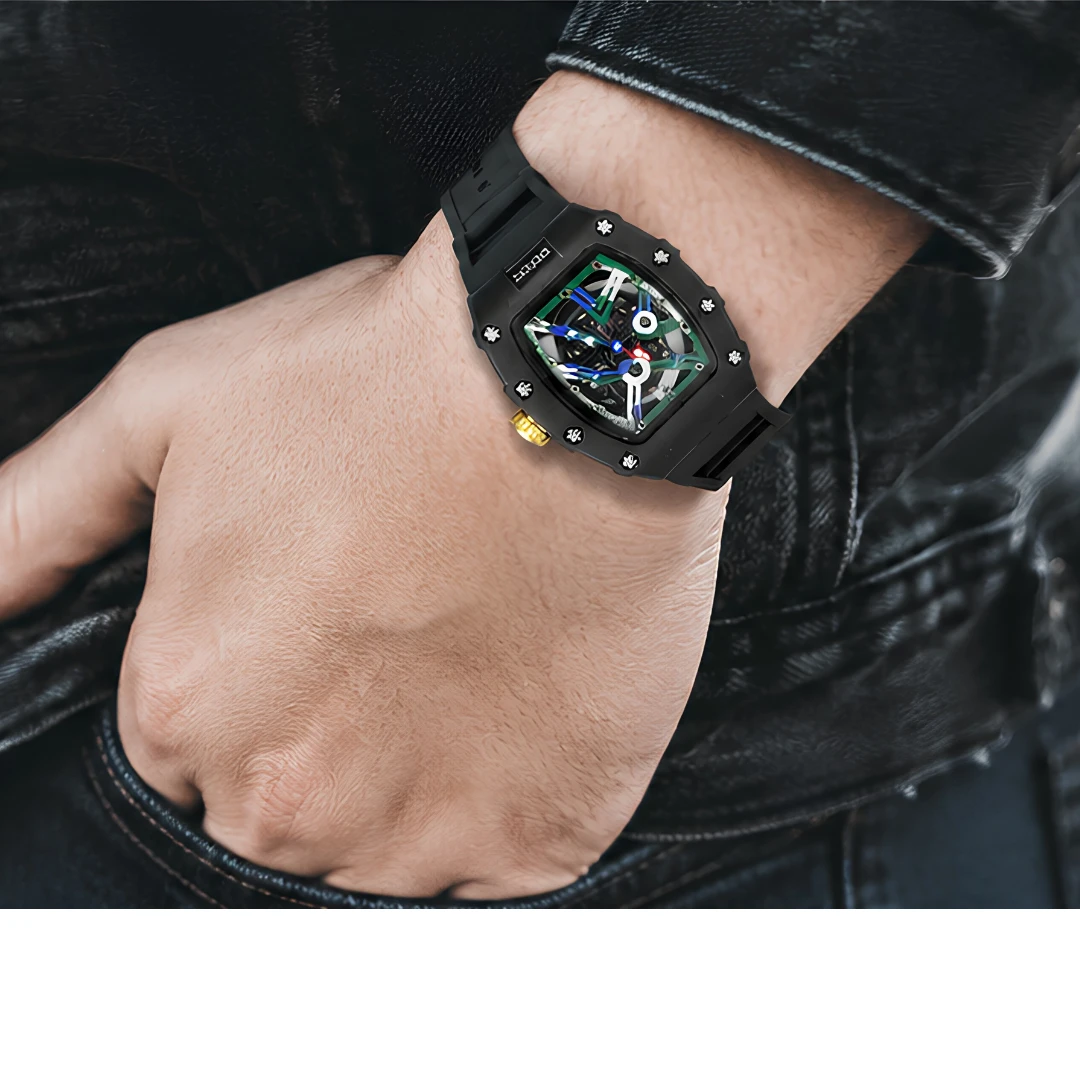 Xenton black skeleton dial watch worn with jacket