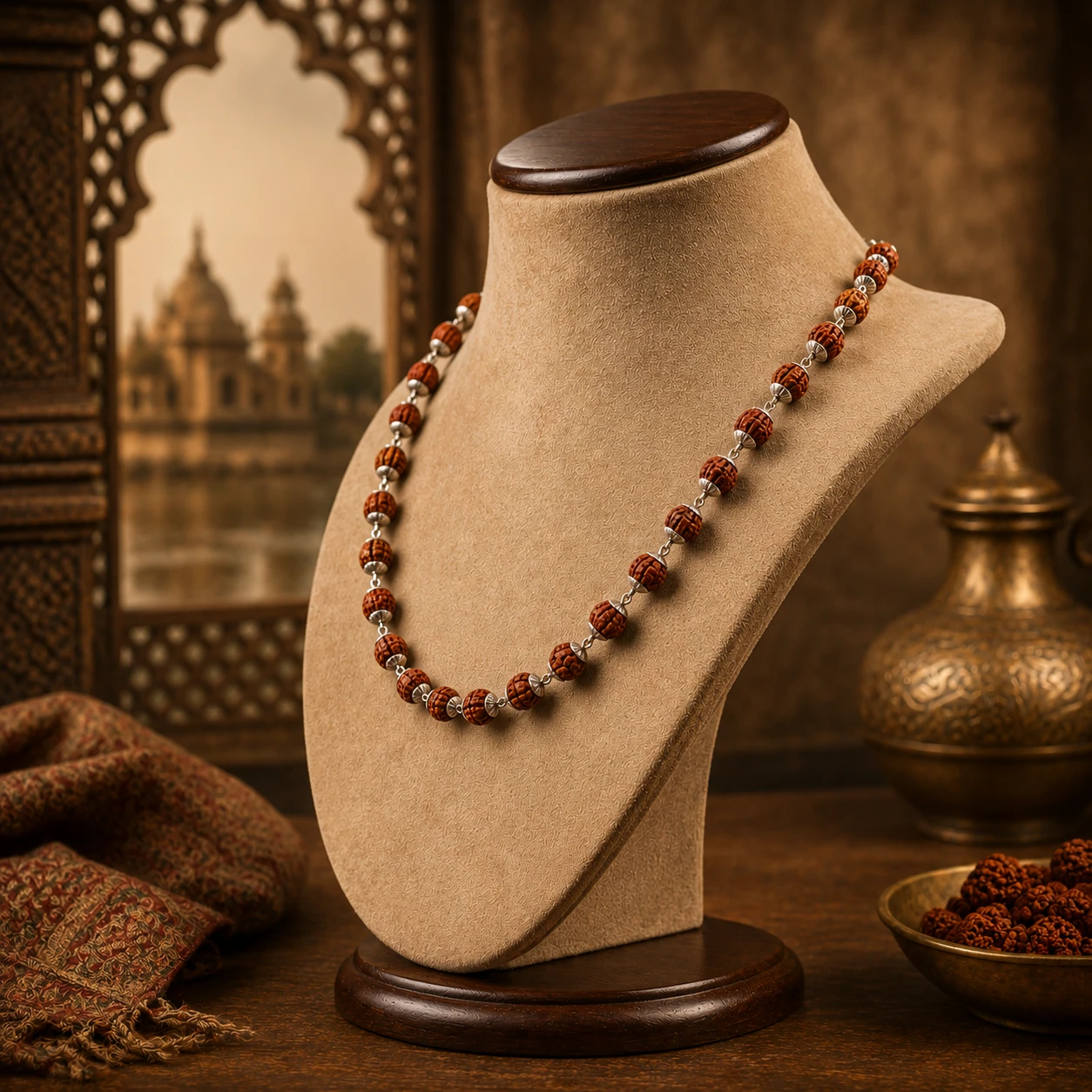 Angled front view of rudraksha bead necklace with silver-tone spacers on a beige display bust