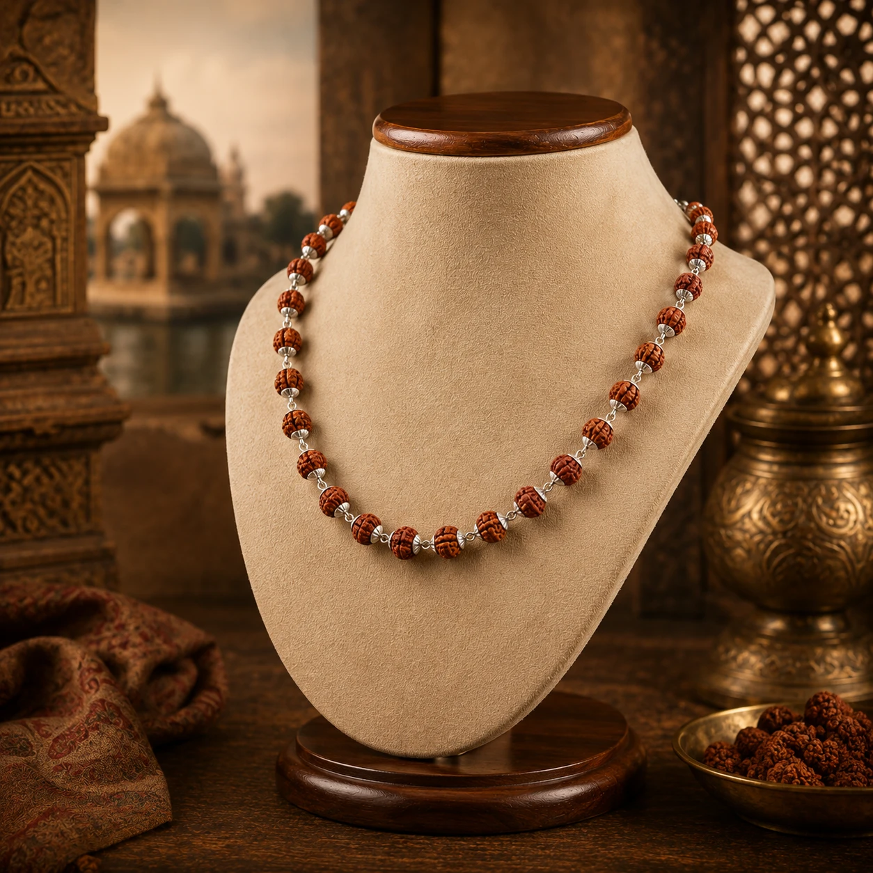 Centered display of the rudraksha necklace highlighting uniform bead spacing and warm brown tones