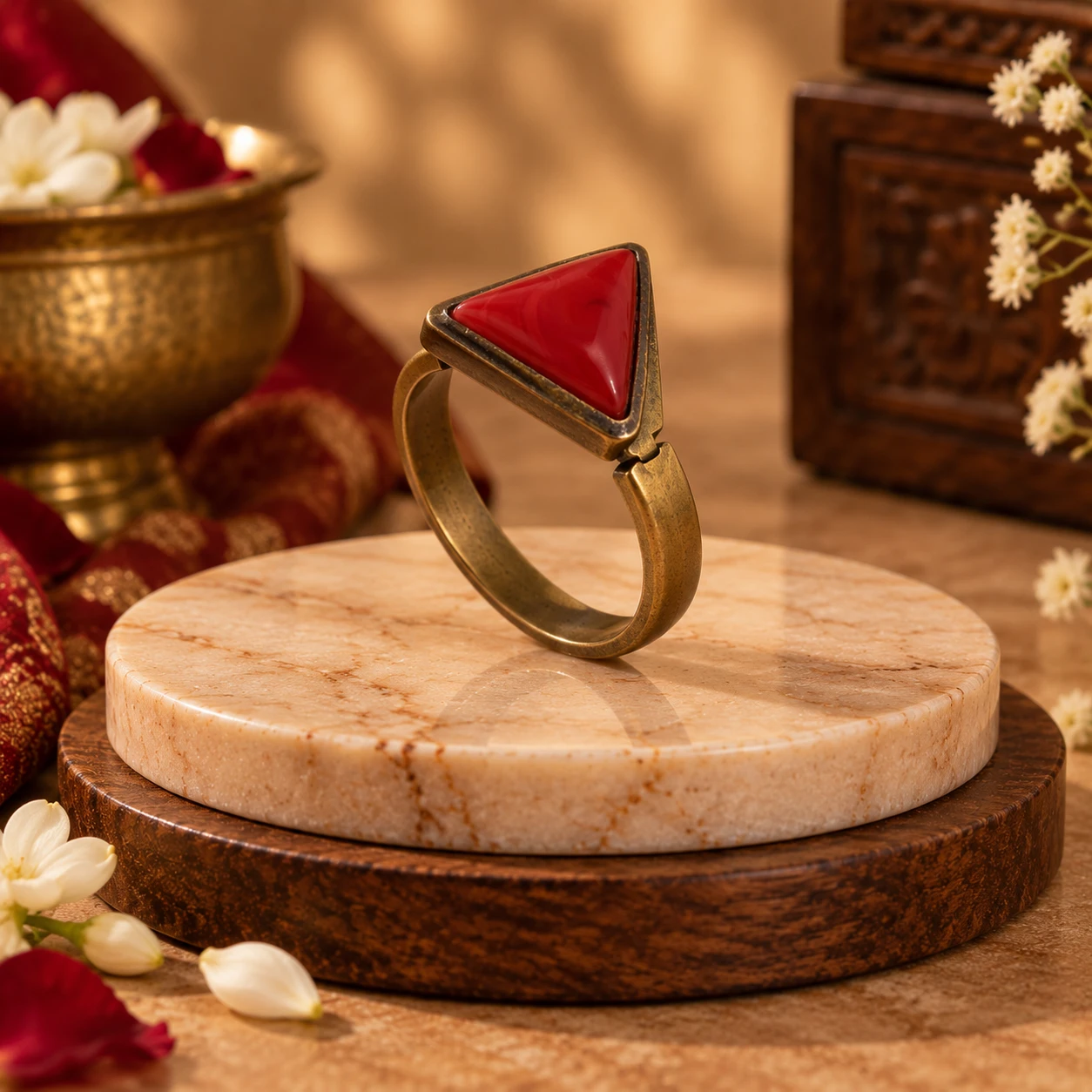 Side angle showing raised triangle red stone setting and slim antique gold-tone open band