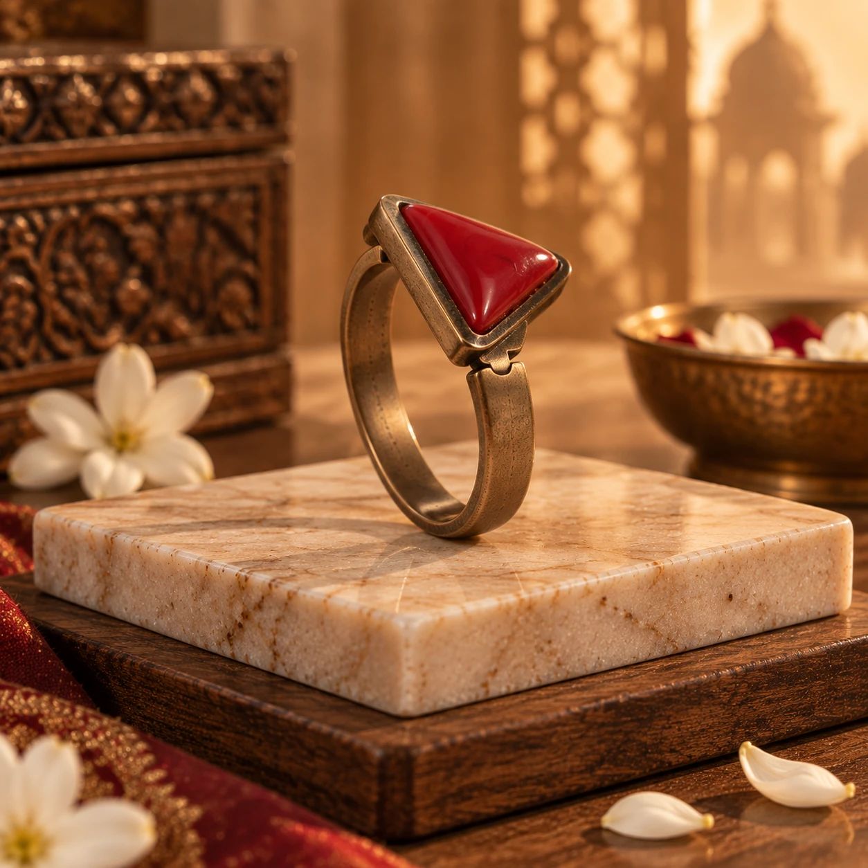 Three-quarter view highlighting the red triangular top and textured antique-finish adjustable band