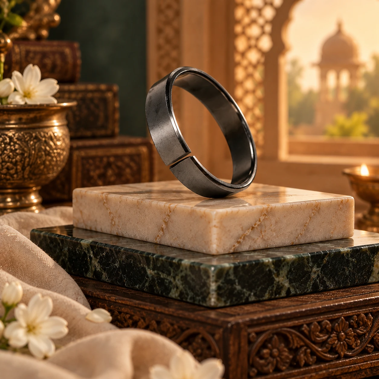 Angled view of the matte black kada bracelet on stacked marble slabs, showing the open gap detail