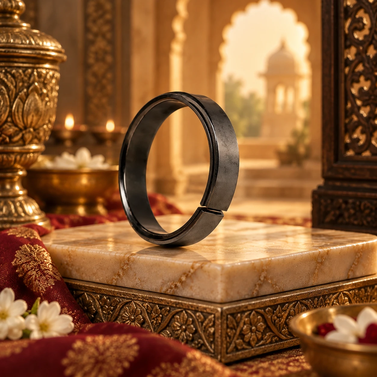 Side-front view of the black metal cuff bracelet on a square marble platform with carved decor backdrop