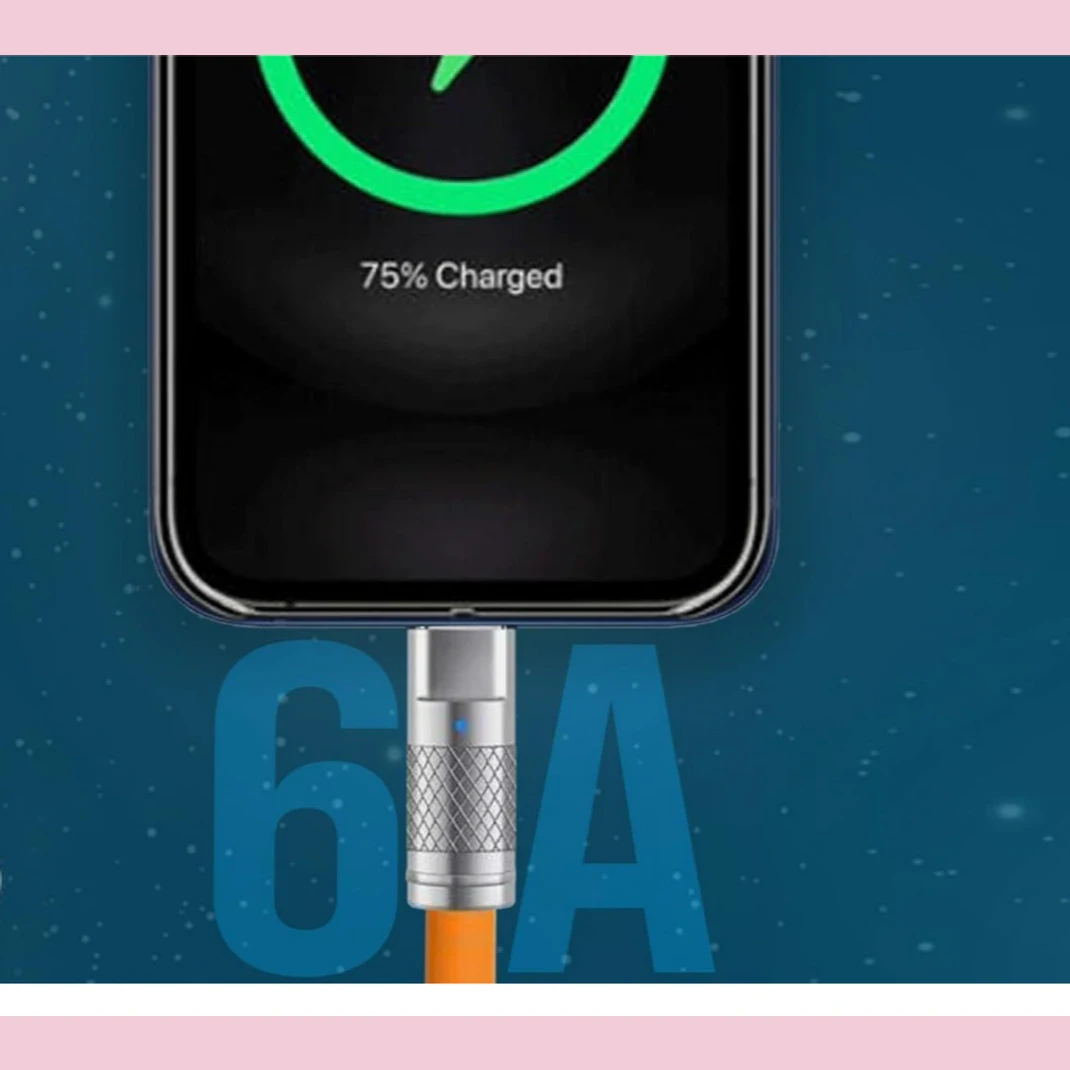 Close-up of silver metal charging tip plugged into a phone showing 75% charged and 6A text