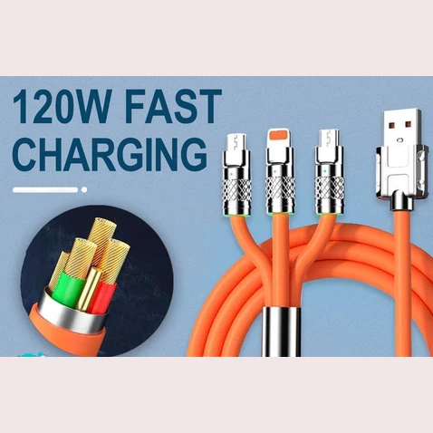 Coiled orange 3-in-1 cable with USB, Lightning, Micro USB and Type-C tips and 120W fast charging text