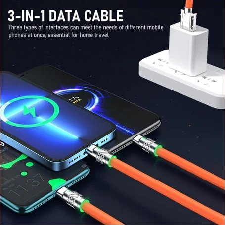 Three phones charging at once with orange 3-in-1 data cable connected to a wall adapter