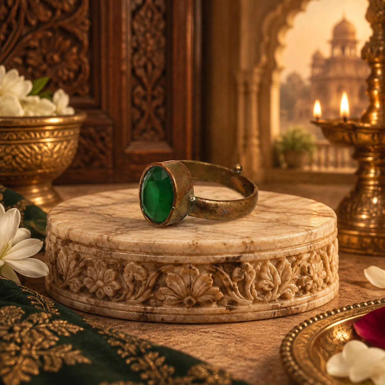 Angled front view showing the green gemstone bezel and adjustable open band in antique brass finish