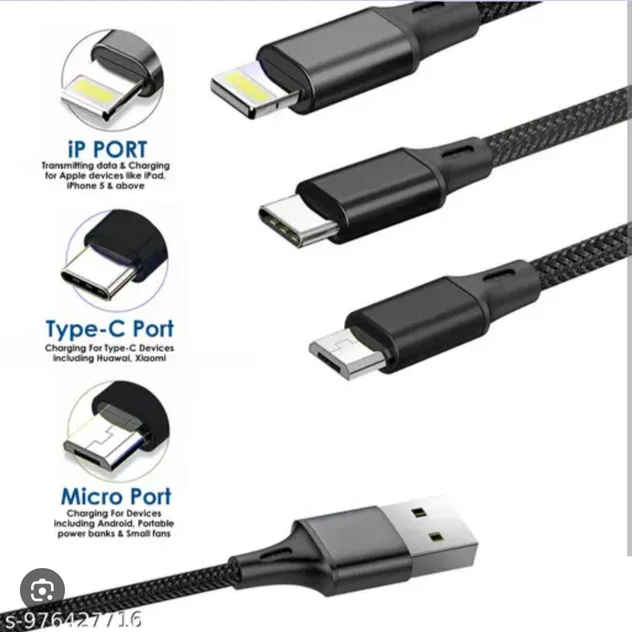 Close-up of connector tips showing Lightning, Type-C, Micro USB and USB-A ends with labels