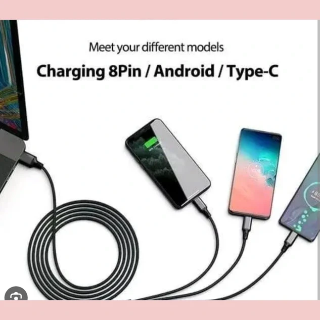 Cable connected to multiple phones and a laptop, showing 8-pin, Android and Type-C support