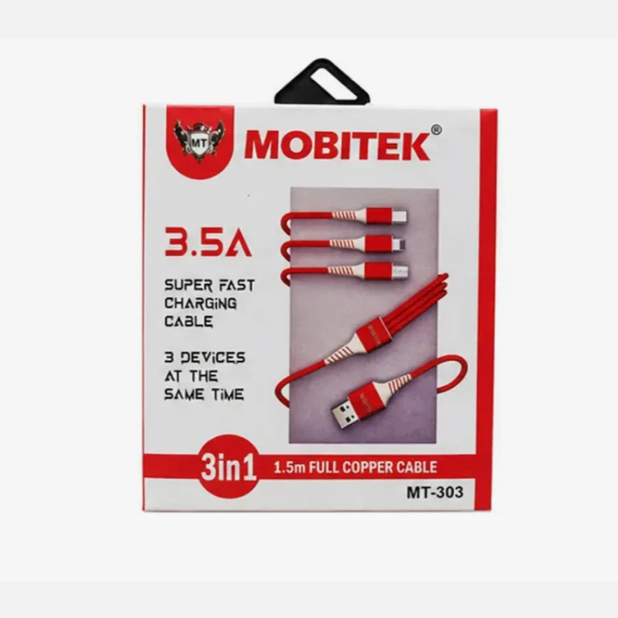 Retail box showing red 3-in-1 fast charging cable, 1.5m length and MT-303 model